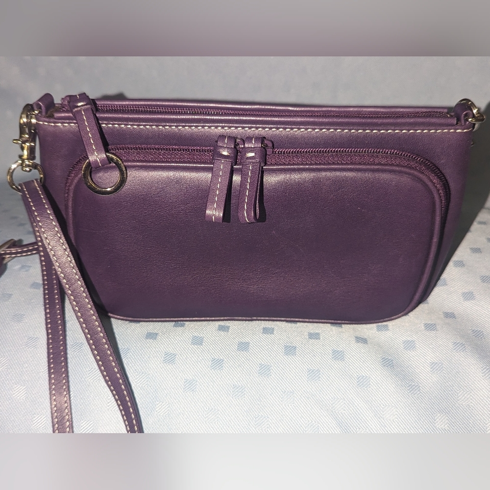 Levenger purple leather shoulder bag organizer.